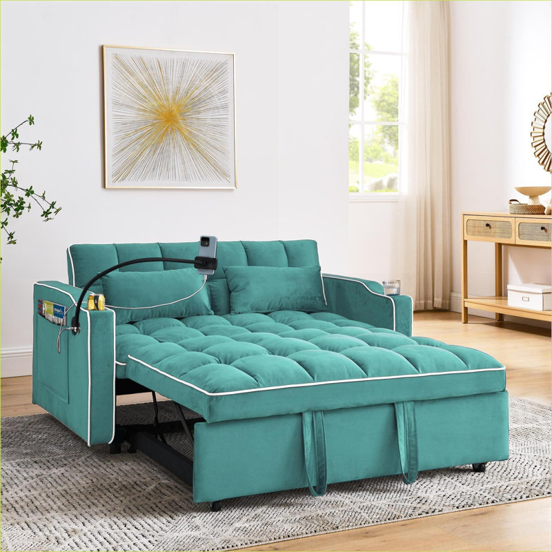 Canapé-lit convertible, futon pliable en velours moderne pour petits espaces de 55,5 pouces | Bleu-vert antique | Bois massif