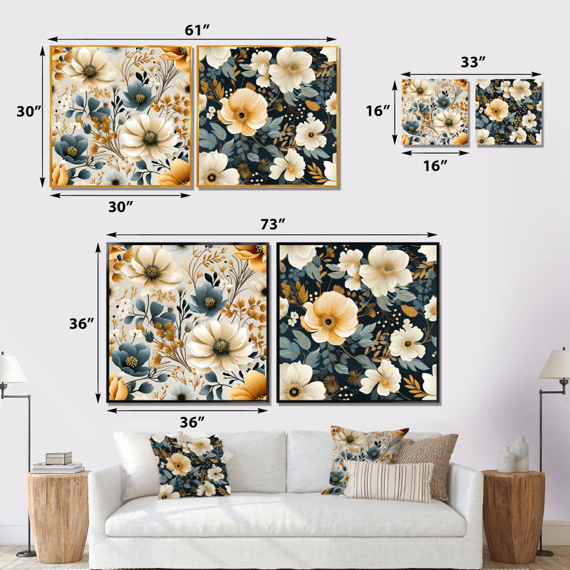 Riendeau - Ensemble de 2 reproductions d'art sur toile florales, Cadre flottant doré, H 16 po x l 33 po x P 1 po