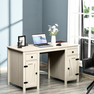 Computer Desk In Creamy White. 2 Drawers & Cabinets For Storage. Ample Space Your Belongings. Adjustable Shelf Inside. Made Of Quality Steel. Aesthetic With Wood Grain. 52.25"l X 23.5"w 30"h. Max