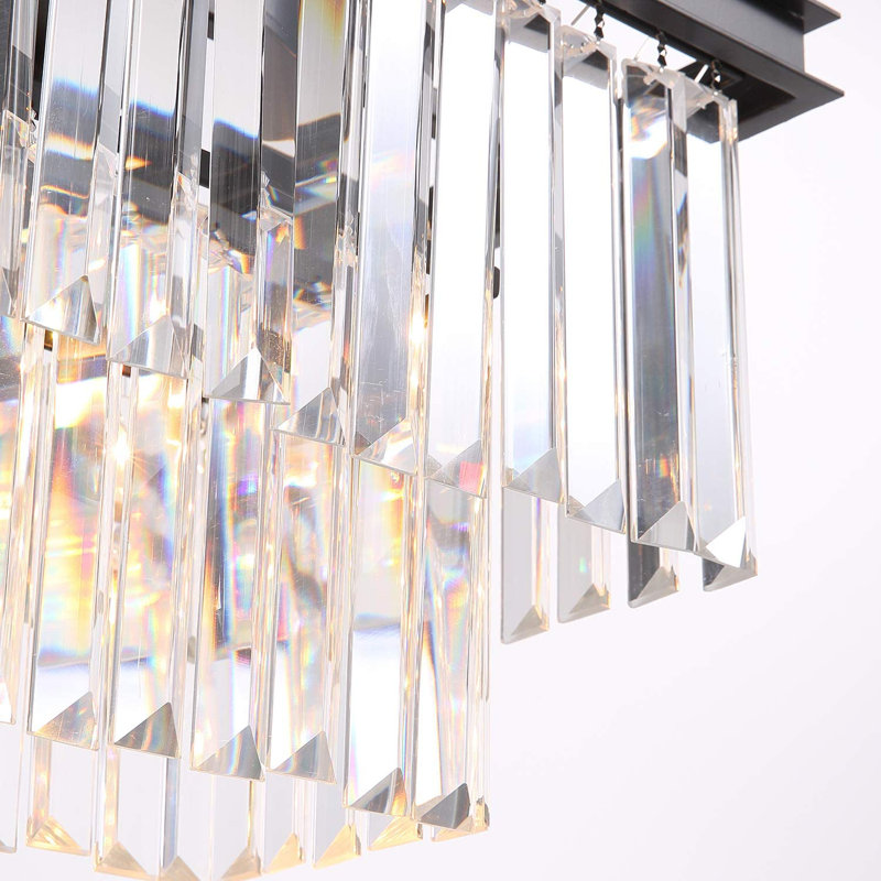 Lustre rectangulaire 40 po à franges en cristal, finition noire et verre transparent