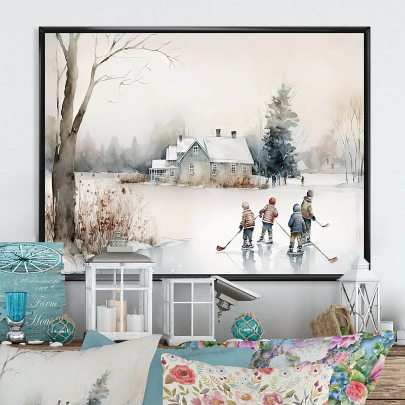 Enfants jouant au hockey en hiver II, H 16 po x l 32 po x P 1 po, Toile avec cadre flottant noir