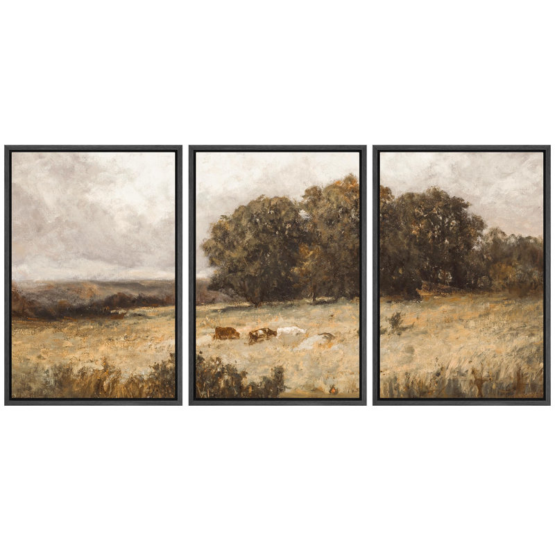 «Pastoral qui broute paisiblement des bovins dans un champ, des chênes luxuriants, un décor de nature sauvage», 3 pièces