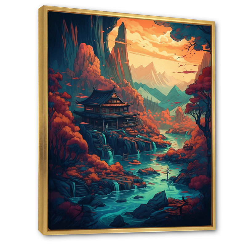 «Mountain Top Asian Inspired Home II», reproduction sur toile, H 20 po x l 12 po x P 1 po, Cadre flottant doré
