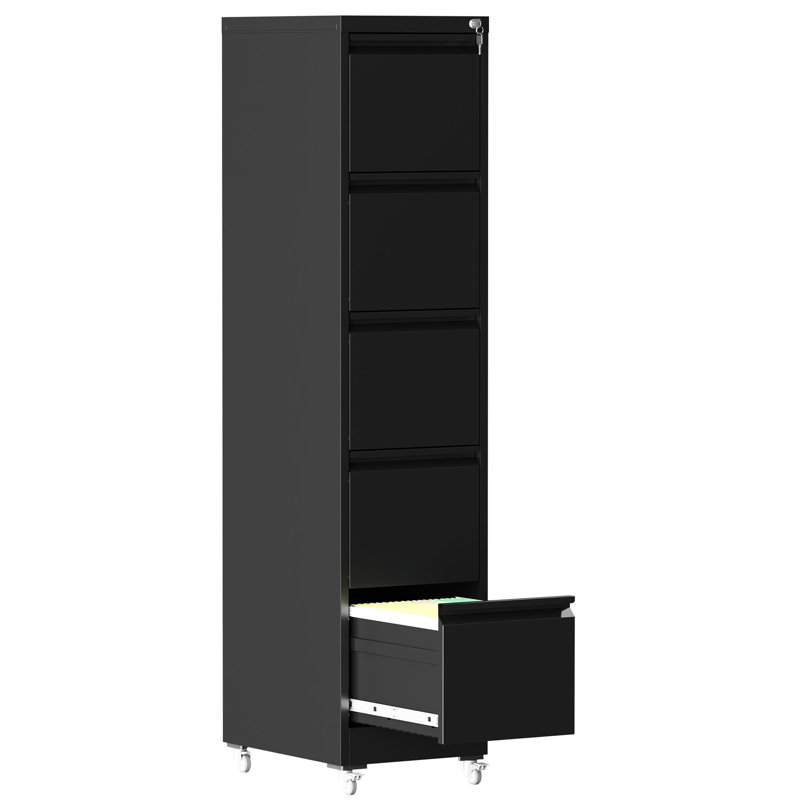 5 Drawer Metal Vertical File Cabinet With Lock And Wheels For Home Office, Adjustable Hanging Rods A4/Letter/Legal Size, Full - Retractable Slides, In Black Wheels, Ample Room Documents, Smooth