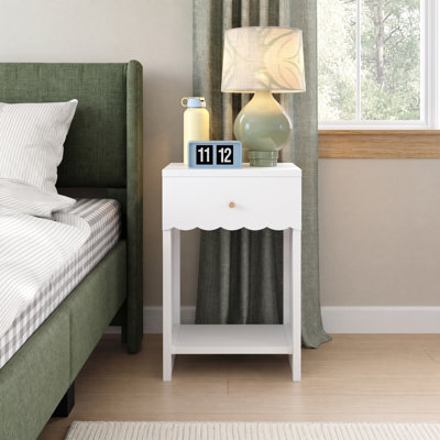 Table de chevet avec tiroir et tablette de rangement ouverte, table de chevet moderne à bord festonné, table de bout en bois pour chambre à coucher, armoire de chevet pour petit espace