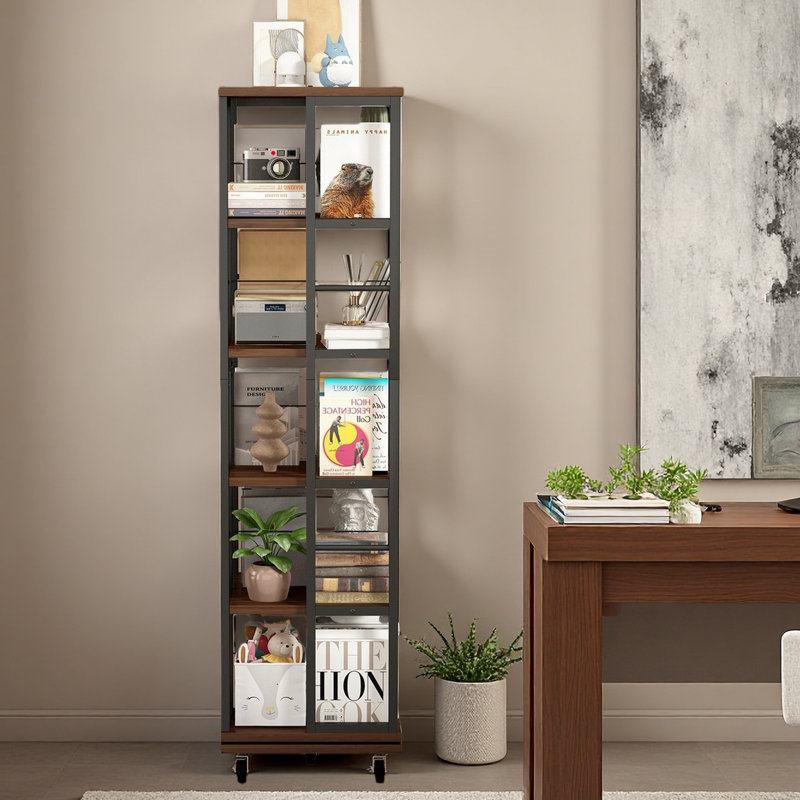 5 Tiers Rotating Bookshelf, Corner Bookcase, 360 Display Wood Spinning Bookshelves, Floor Standing Bookcase Narrow Shelf
