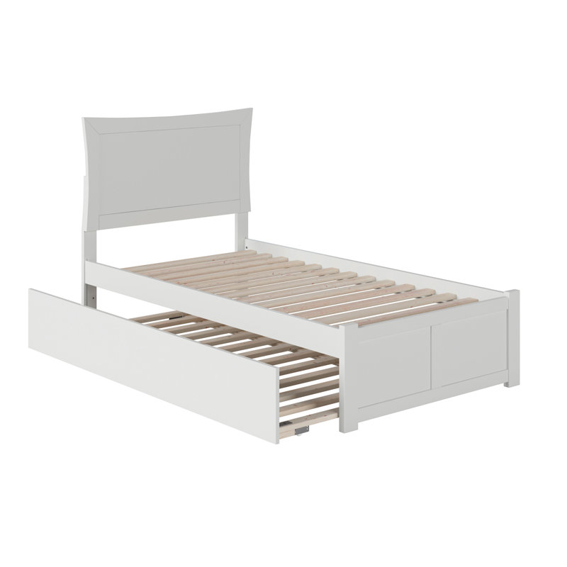 Lit plateforme en bois massif avec pied de lit et gigogne Flagg, Blanc, Extra-Long Twin