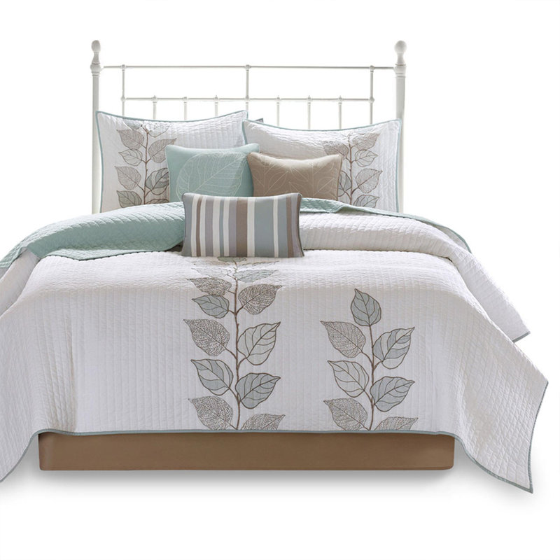 Ensemble de 6 courtepointe réversible en microfibre brodée, Courtepointe double + 5 pièces supplémentaires, Blanc, bleu