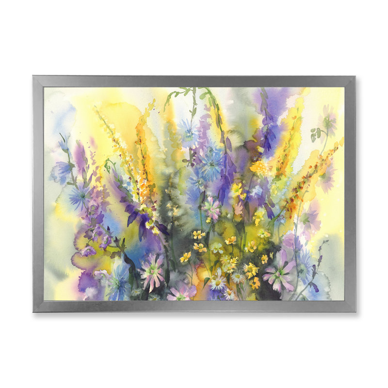 Fleurs d'été jaunes et mauves - reproduction sur toile, H 30 po x l 40 po x P 1,5 po, Cadre photo argenté