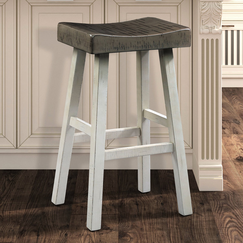 Tabouret de 29 pouces en bois massif de 2 pièces gris / blanc à siège profilé transitionnel pour espace de salle à manger intérieur