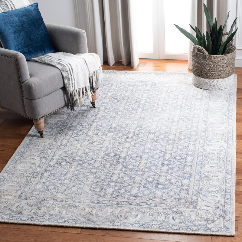 Tapis oriental bleu en laine / viscose tissé à la main Restoration, Rectangle 8 pi x 10 pi