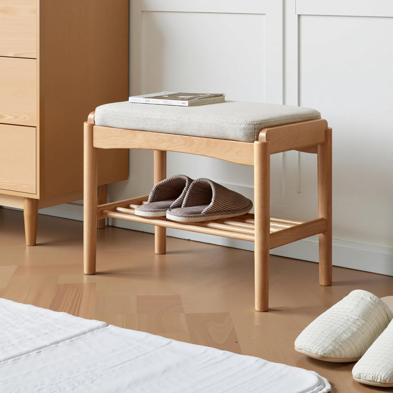 Solid Oak Upholstered Shoe Bench, 17.72"W, Natural Oak & Beige