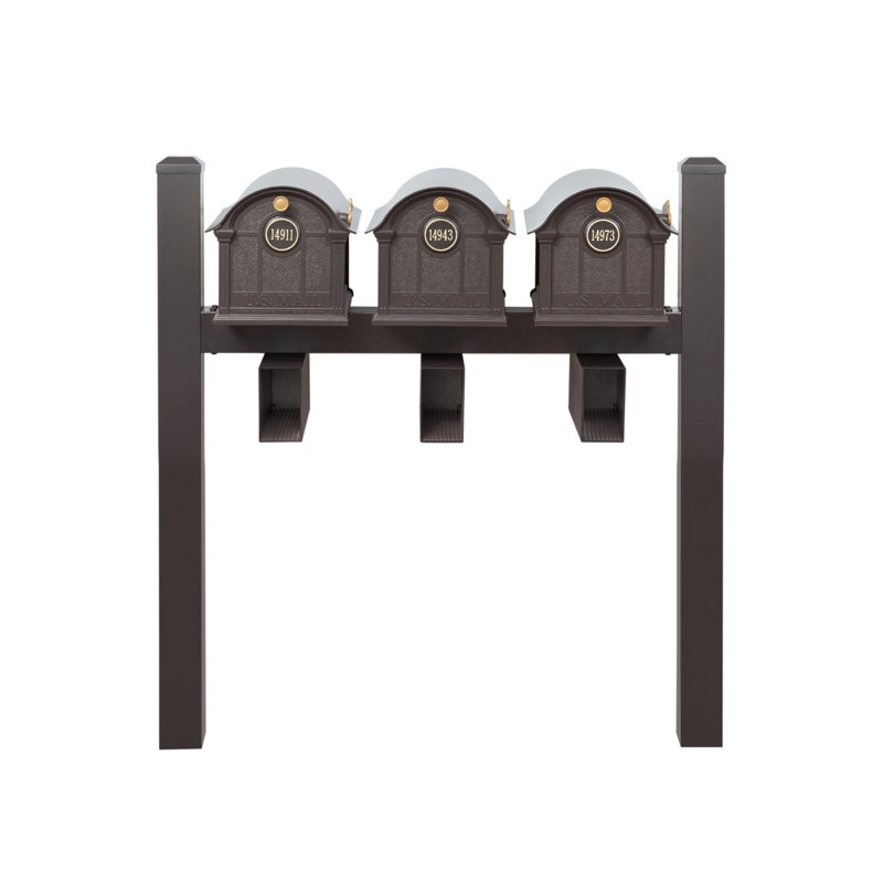 Balmoral Triple Mount Mailbox /w/ Pyramid Caps, Personalized Door Medallion, Newspaper Box (3 Mailboxes, Tri-Mount Rack, 3 Newspaper Boxes, 3 Medallions)