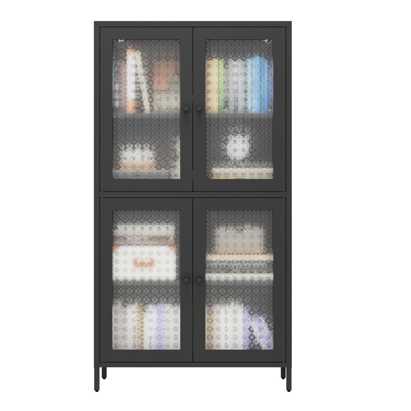 Classic Metal Storage Cabinet With 4 Glass Door Panels - Freestanding For Home, Office, Kitchen Black Elegance Tipping Feature Office