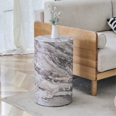 Table basse ronde de 12 po, conception cylindrique industrielle, panneau de fibres à densité moyenne à texture de marbre gris, hauteur de 19,7 po