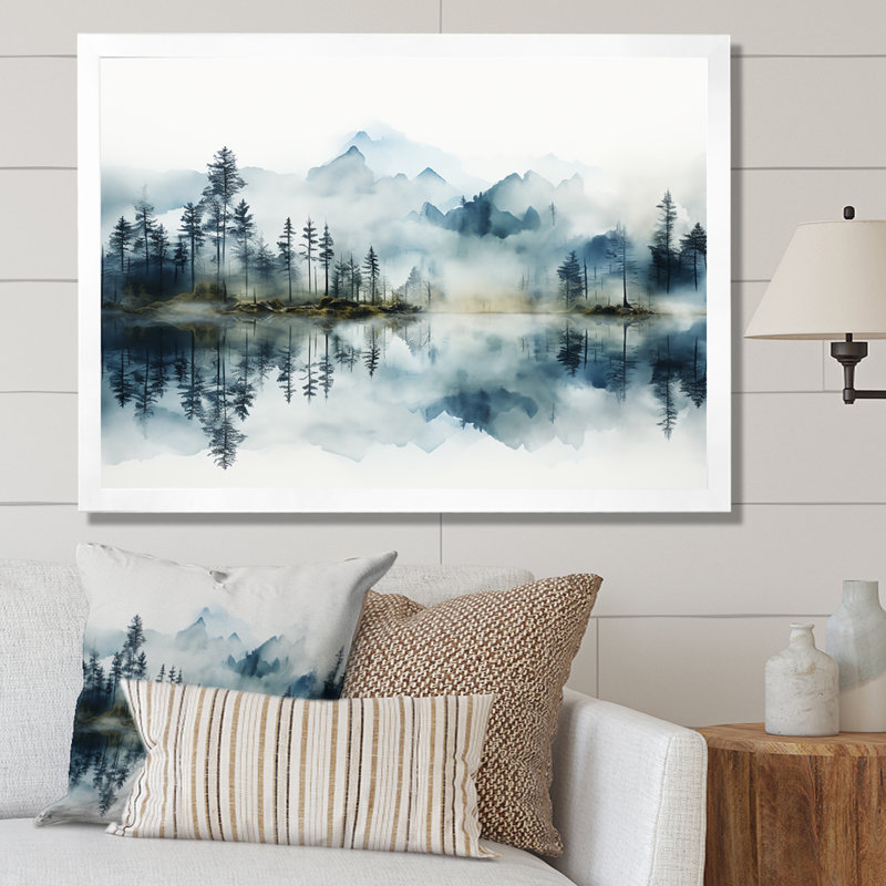 Double exposition de brouillard de montagne paradisiaque - Lake River, Cadre simple blanc, H 34 po x l 44 po x P 1,5 po