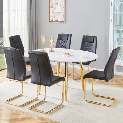 Table And Chair Set.Extendable MDF Dining Table.The Pull-Out Table Is Ideal For A Wide Range Of Families,Suitable For Gatherings Of Different Size.Paired With 6 Black Chairs With Gold Metal Legs.