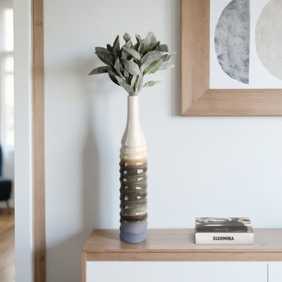 Modern Sculptural Stoneware Vase with Elongated Textured Form and Contemporary Rippled Design for Decorative Display