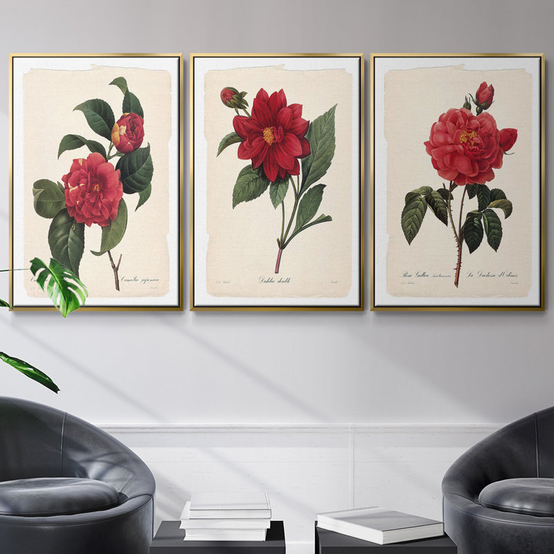 Red Botanical I, ensemble de 3 toiles encadrées sur toile, Or, H 40 po x l 78 po