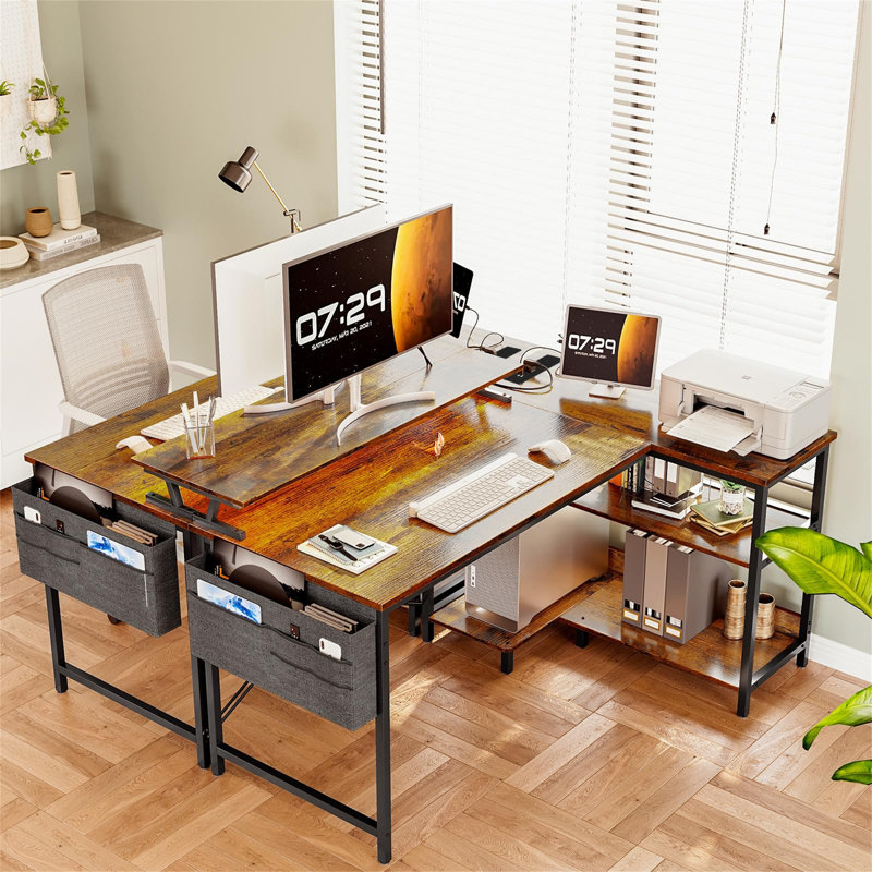 L-Shaped Metal Base Computer Desk with Power Outlet, Brown