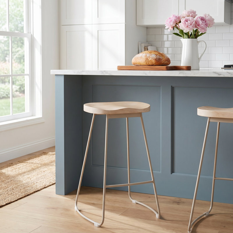Navarre Saddle Solid Wood Backless Counter Stool, Cream, Beige