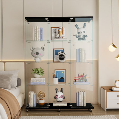 Glass Display Cabinet with 4 Shelves Extra Large, Curio Cabinets for Living Room, Bedroom, Office, Black Floor Standing Glass Bookshelf, Quick Installation