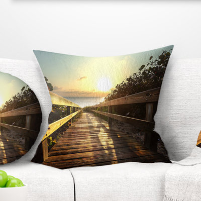 Wood Boardwalk into the Sunset Sea - Pier & Bridge Printed Pillow