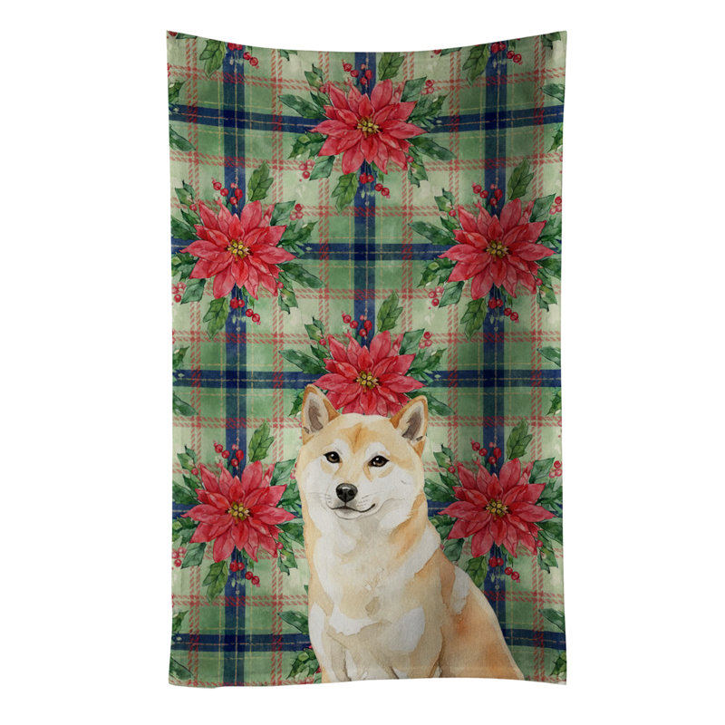 Cream Shiba Inu Christmas PoinsettIas Kitchen Towel, Cream Shiba Inu