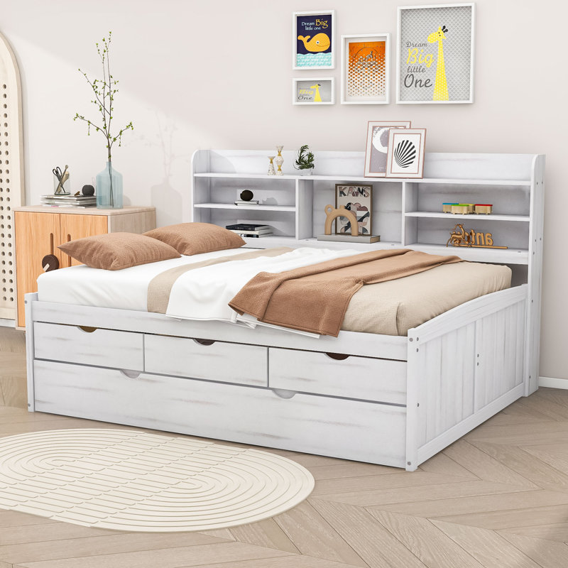 Lit plateforme en bois avec 3 tiroirs Ephinne, Double, Blanc