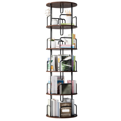 Tour 5 niveaux avec bibliothèque rotative, tablette pivotante à 360 degrés pour bureau et bureau, conception étroite et haute avec coin arrondi, finition brun noyer