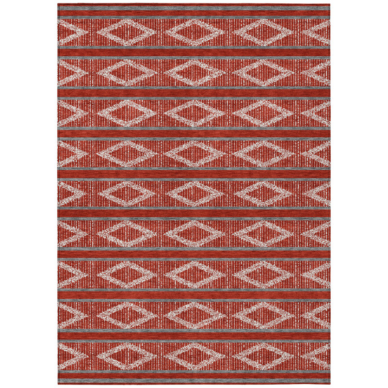3' X 5' Red Ivory And Gray Geometric Washable Indoor Outdoor Area Rug