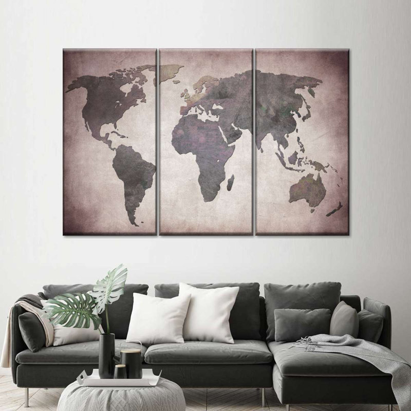 Carte du monde en titane sur toile, ensemble de 3 pièces, H 32 po x l 50 po x P 1,25 po