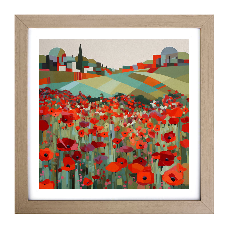Poppy Field Constructivism - Single Picture Frame Print on Wood, Oak