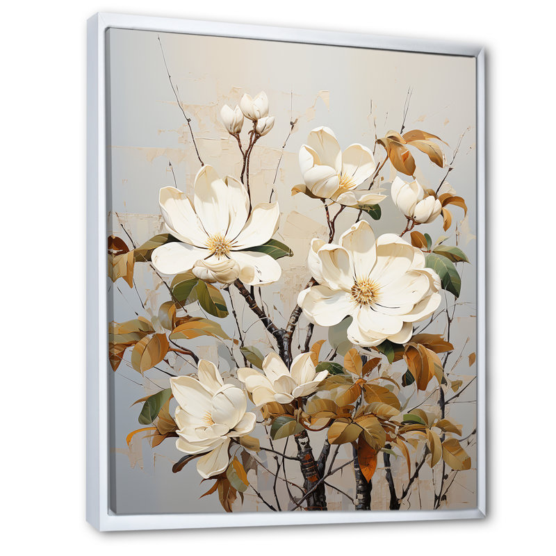 Mélodie douce de magnolia beige sur toile, H 32 po x l 24 po x P 1 po, Cadre flottant blanc