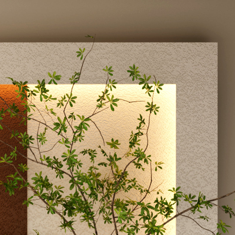 Décoration murale réglable en grès à 3 couleurs avec plantes vertes simulées - sculpture d'art 3D, vase en verre et statue de lapin, bandes lumineuses télécommandées pour le salon, la chambre à coucher, le couloir