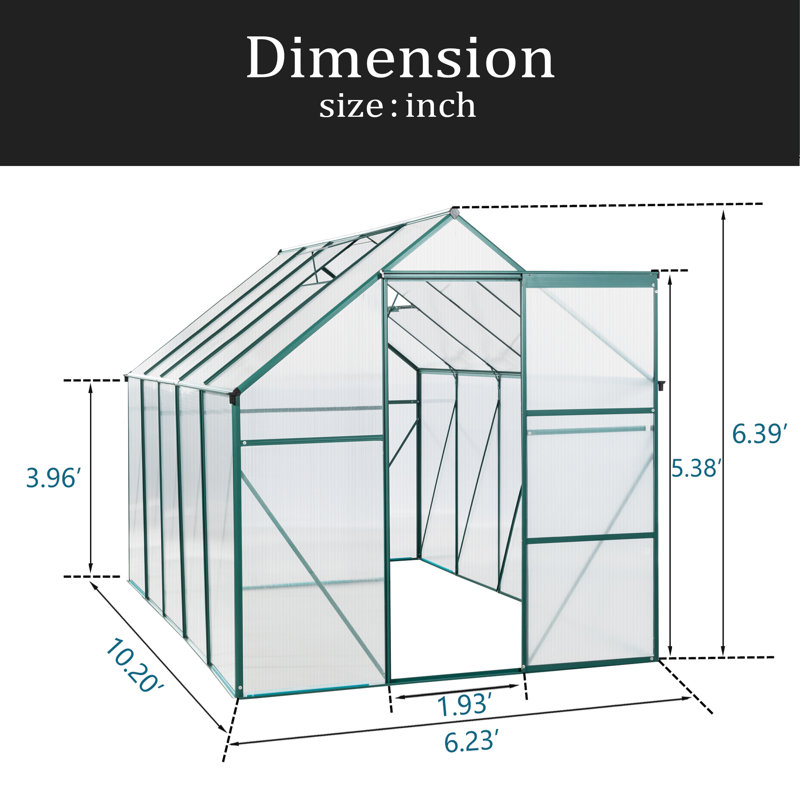 Serre en polycarbonate surélevée 6X10FT, L 6,23 po x P 10,2 po