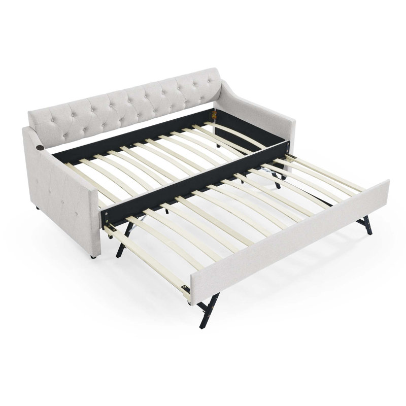 Upholstery Daybed With Erectable Trundle And USB Charging, Beige