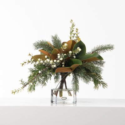 Real Touch Pine, Juniper, & Magnolia Leaf with Winter White Berry Everyday Christmas Water Illusion Arrangement
