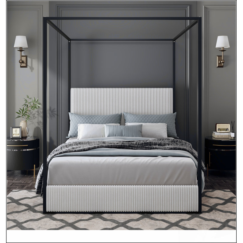 Lit à baldaquin en métal de luxe moderne avec tête de lit tapissier haute et quatre affiches, aucun sommier nécessaire, grand, blanc