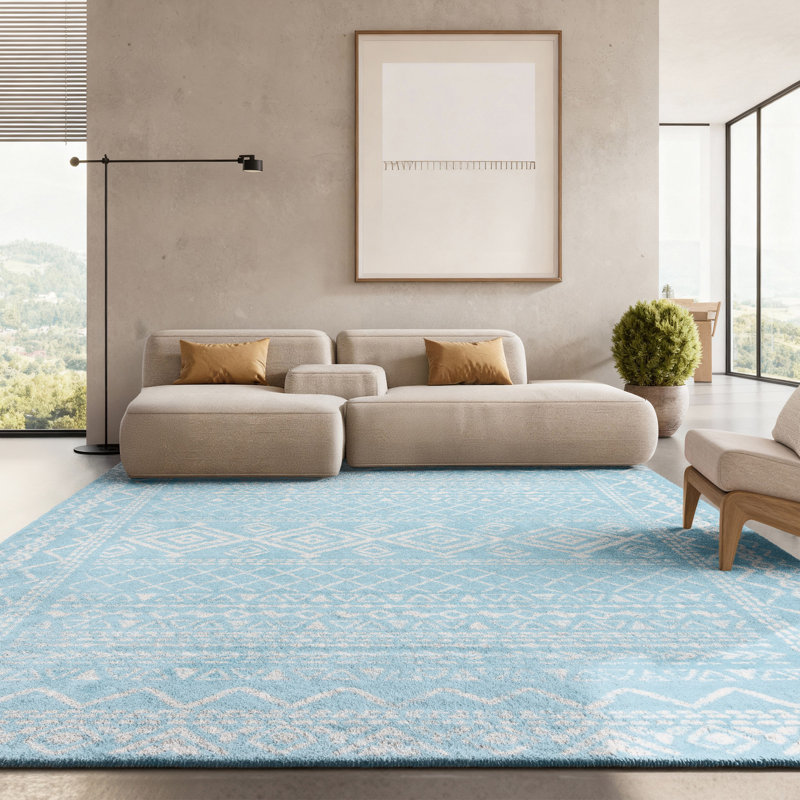 Tapis turquoise / ivoire Strobel, Rectangle 8 pi x 10 pi