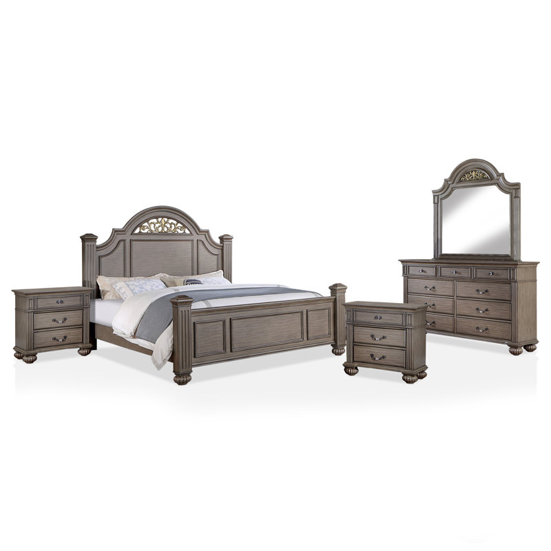 Ensemble de chambre à coucher traditionnel Aime 5 pièces, Gris, Cinq pièces : Lit, 2 tables de chevet, commode, m