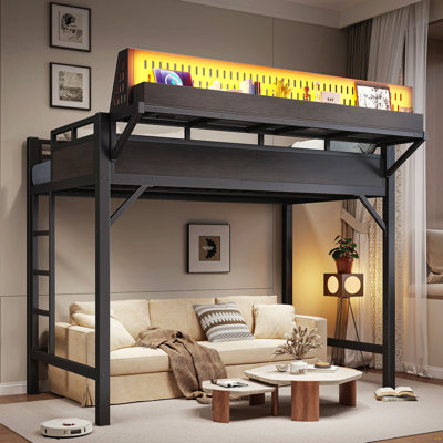 Lit simple mezzanine de taille XL avec tablettes de rangement et panneau perforé, lit mezzanine en métal avec ports USB et lumières DEL, sécuritaire et robuste, noir