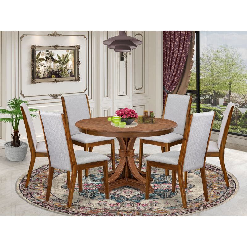 Ensemble de salle à manger 7 pièces comprenant une table moderne et 6 chaises de salle à manger en lin gris avec dossier haut, noyer antique