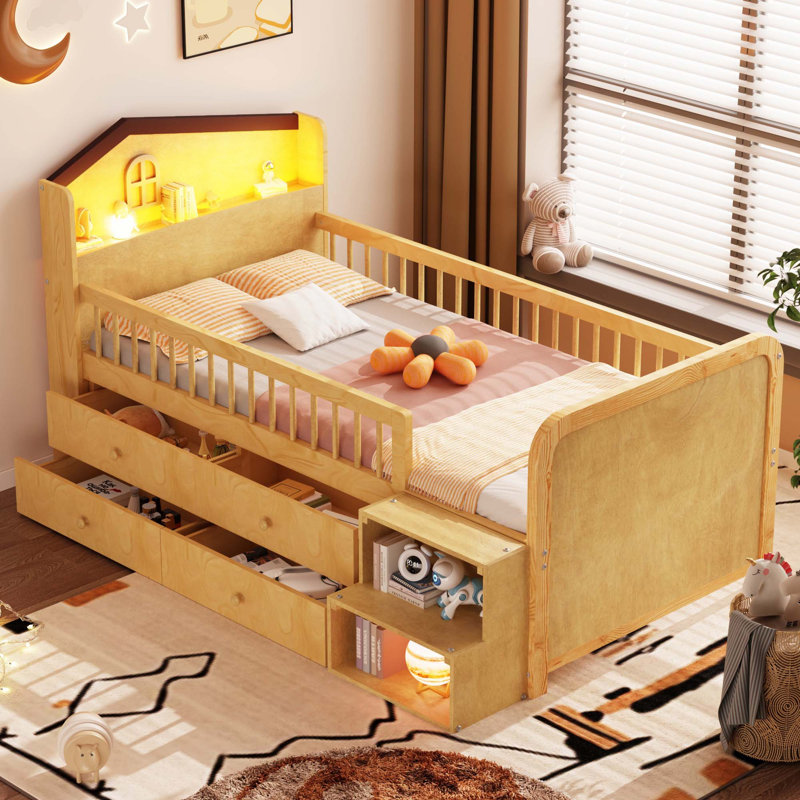 Low Loft Bed with LED Lights, Natural
