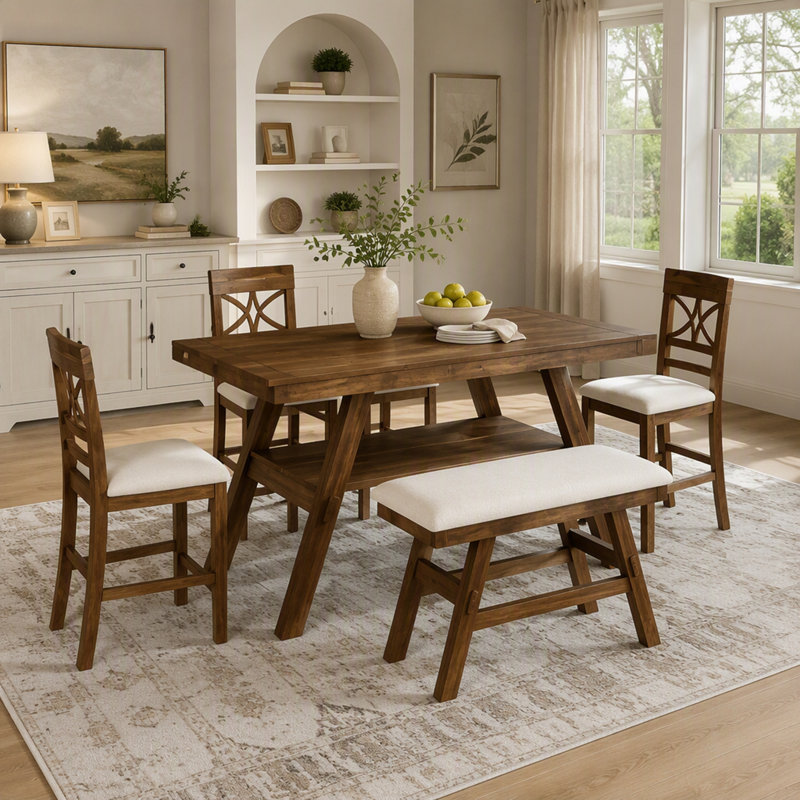 Ensemble de salle à manger 6 pièces en bois, hauteur du comptoir, avec tablette de rangement, table, banc et 4 chaises, style rustique, noyer et coussins beiges