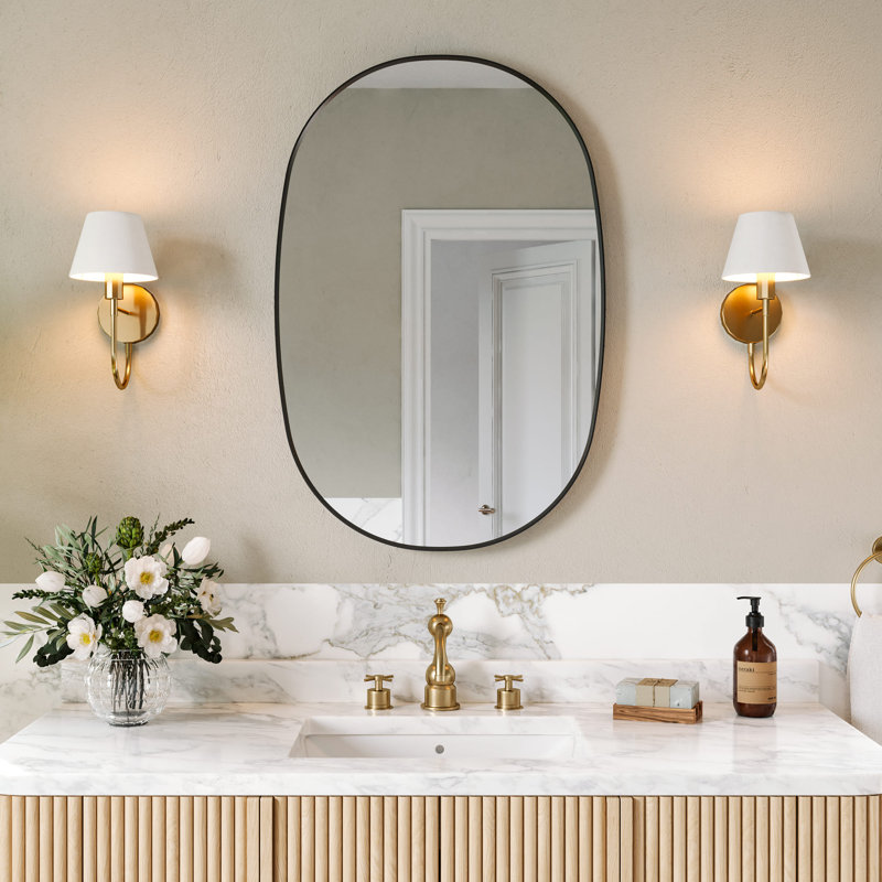 Miroir de salle de bain 24 po x 36 po avec cadre ovale et miroir mural en aluminium pour salle de bain, Noir mat
