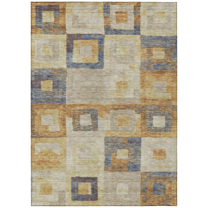 Tapis extérieur lavable à motif géométrique 3 pi x 5 pi bleu et cuivre