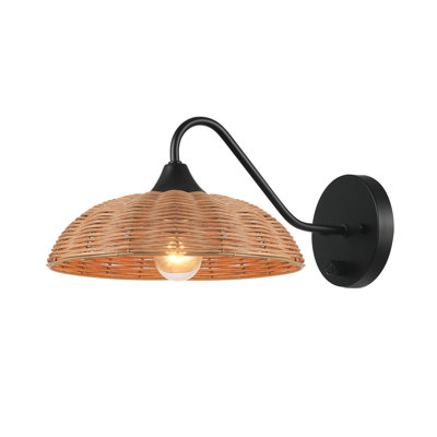 1-Light Plug-In Or Hardwire Wall Sconce, Matte Black, Blonde Paper Twine Shade, 6Ft Black Braided Fabric Cord, Rotary On/Off Switch On Backplate, Wall Lights For Living Room, Home Décor