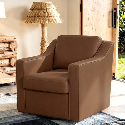 Bronnen Big And Wide Upholstered Coffee Faux Leather Cushion Swivel Armchair with Removable Back and Seat Cushion