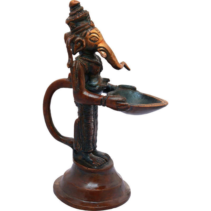 5" Handmade Brass Ganesha Oil Lamp Auspicious Standing Figure Indian Home Decor Lighting, Double chola